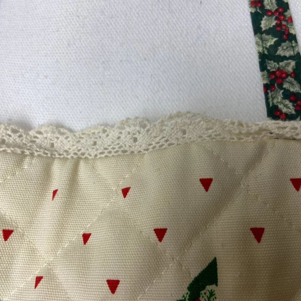 Vintage Christmas Floral Quilted Red & Green Ruffle Apron